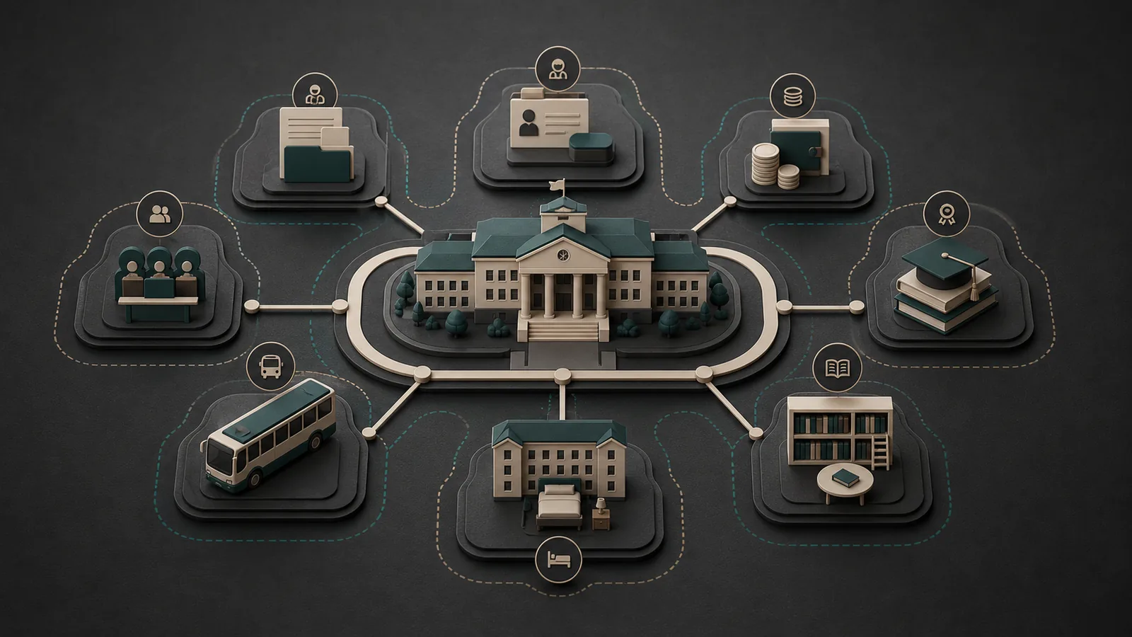 Editorial visualization of a school campus connected to admissions, fees, exams and administration