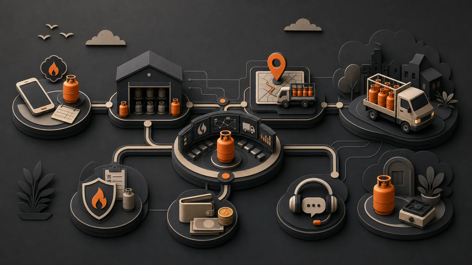 Editorial visualization of LPG bookings, inventory, dispatch and delivery operations