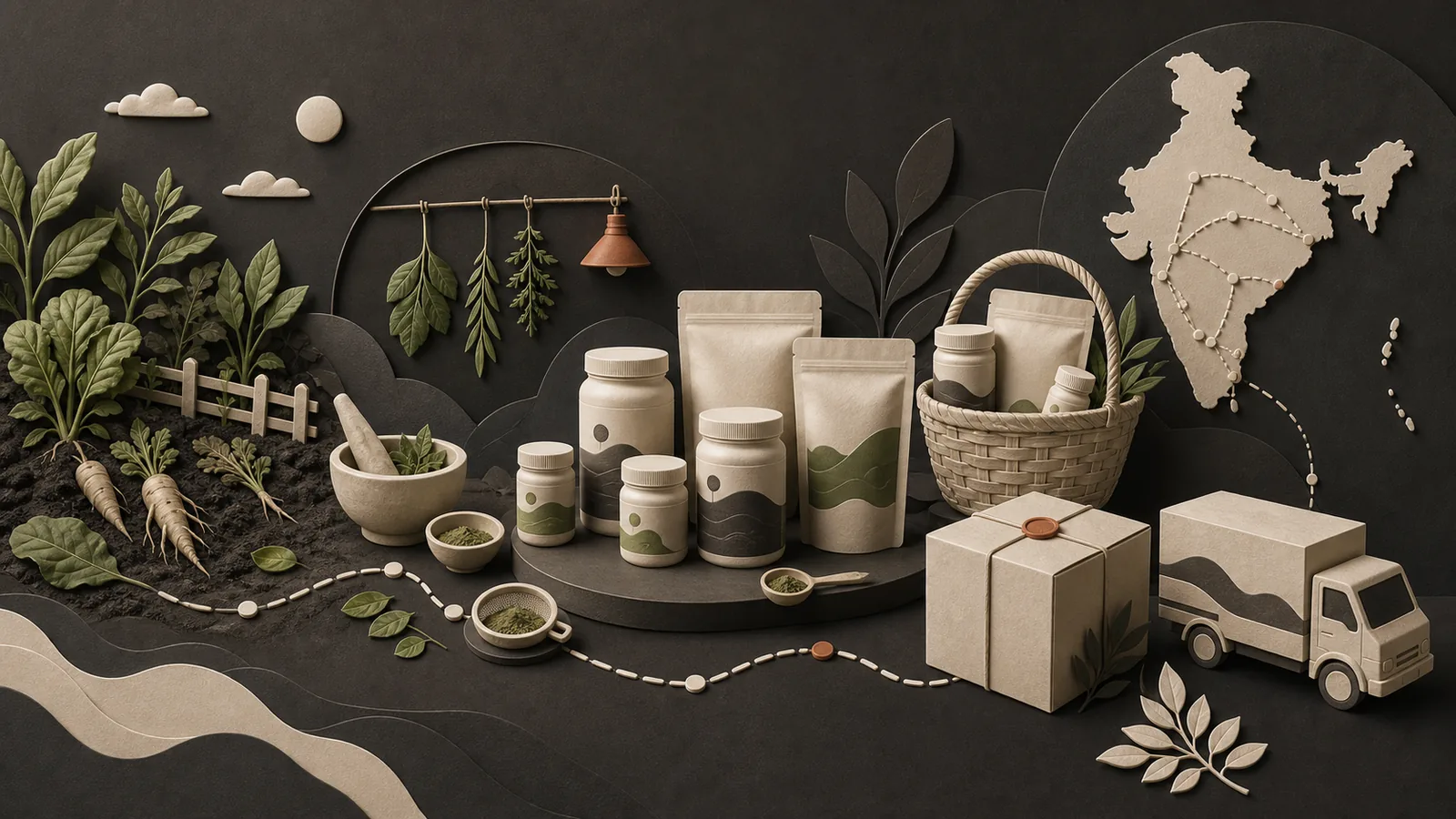Editorial visualization of farm ingredients becoming packaged pantry products and nationwide deliveries