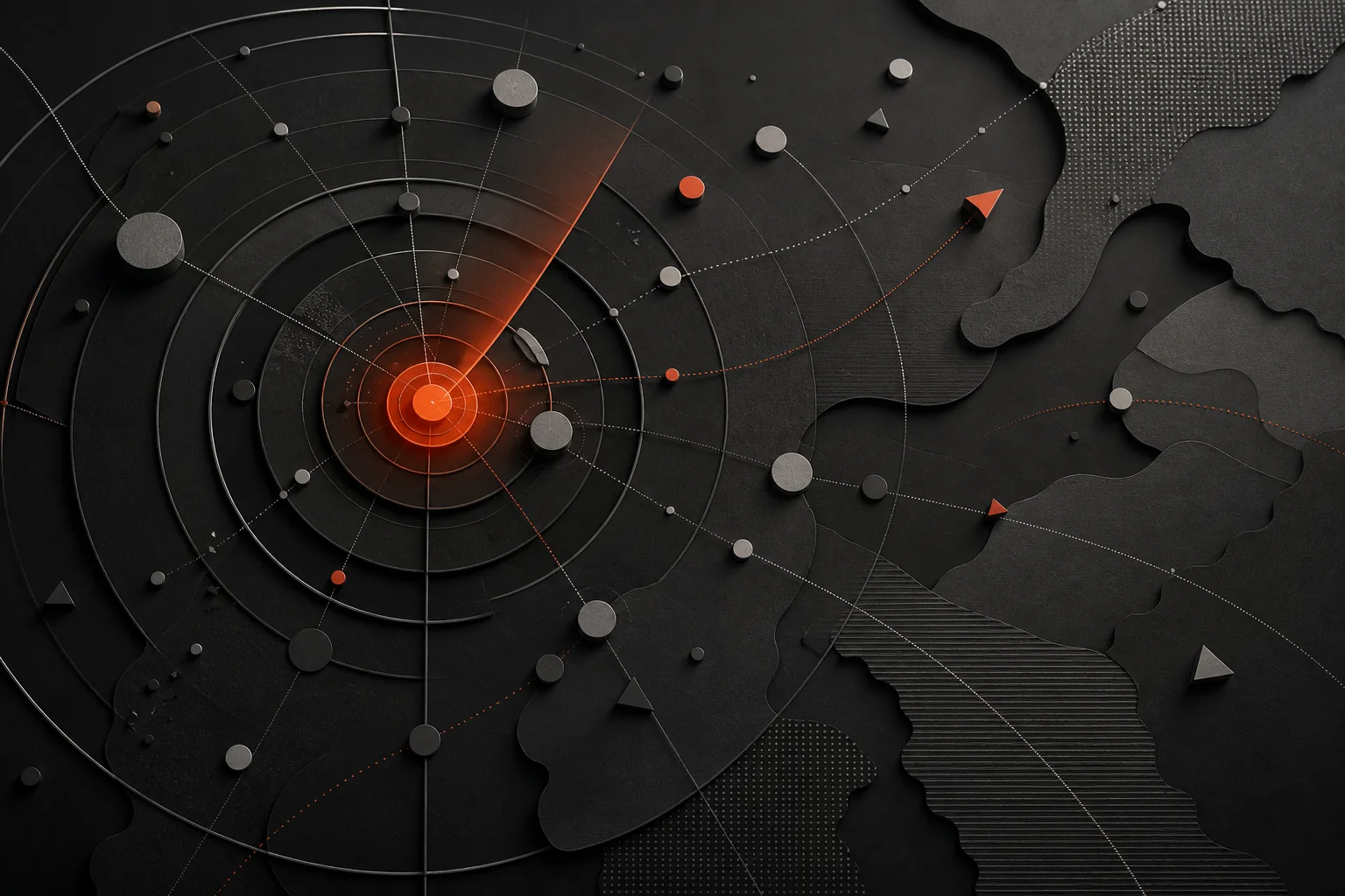 Editorial visualization of market signals converging into a strategy radar