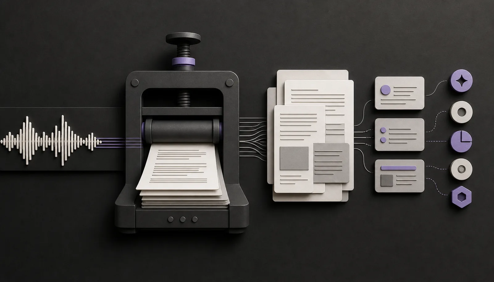 Editorial visualization of speech becoming transcripts and structured insights