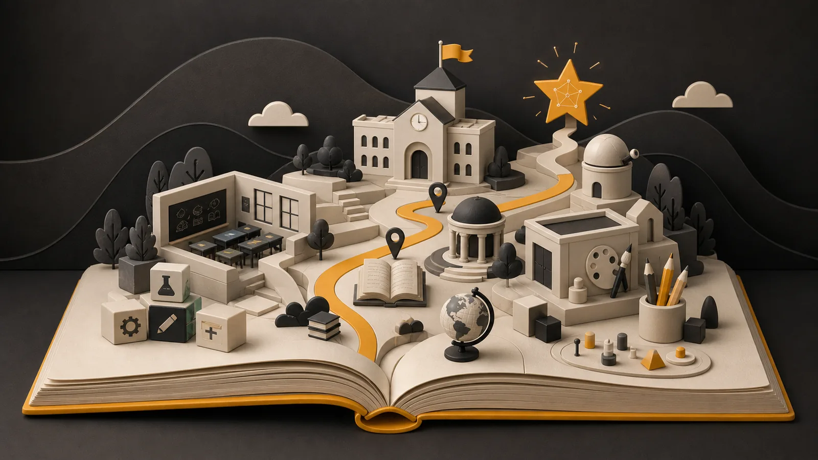 Editorial visualization of a learning city emerging from an open book